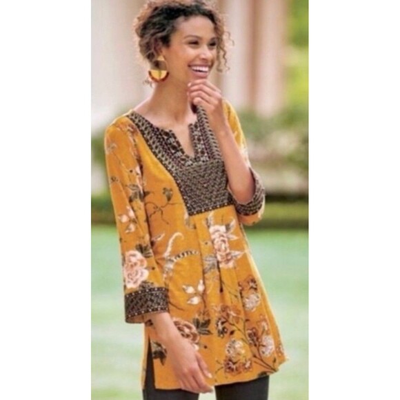 Soft Surroundings Tops - Soft Surroundings Women’s XL Dk Mustard Embroidered Bib Sleeve Floral Print Boho